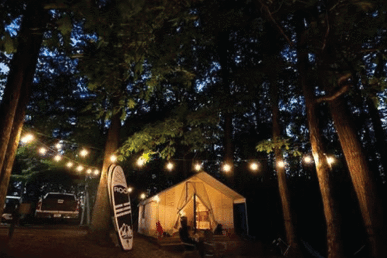 String lights over a lakeside glamping site at Shady Grove Campground