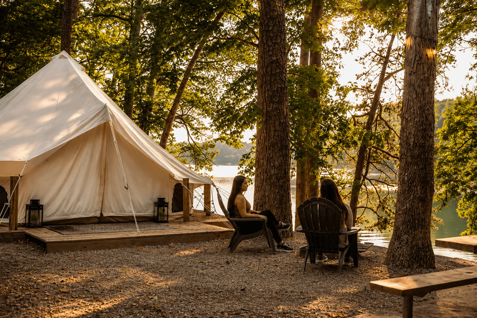 A glamping tent in the woods near Lake Lanier