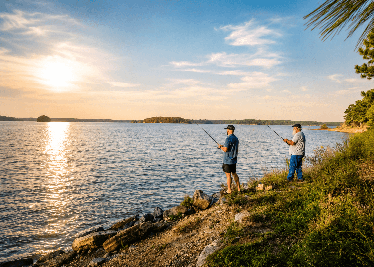Two anglers casting on Lake Lanier at sunrise