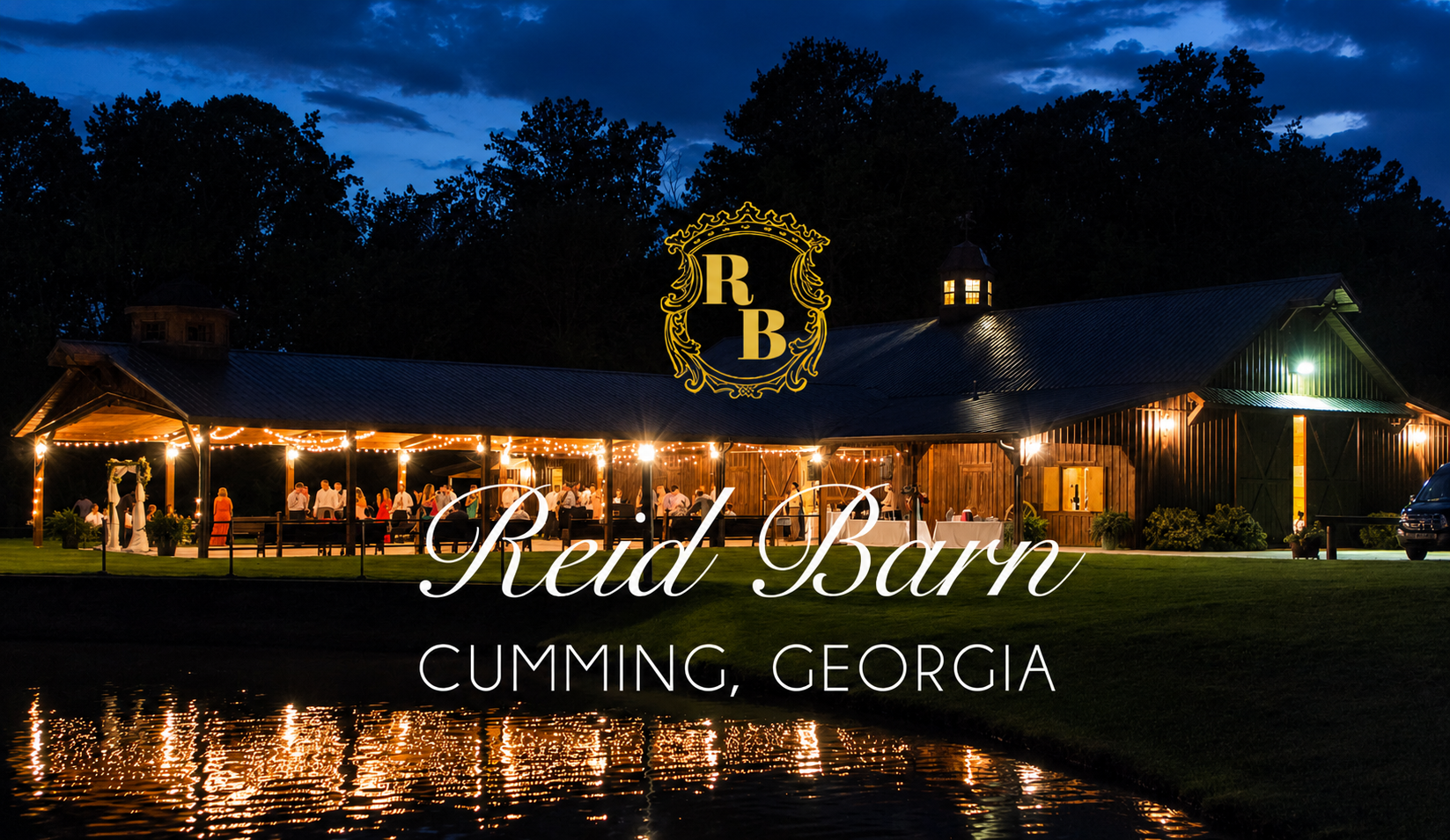 The Reid Barn lit up at night in Cumming, Georgia