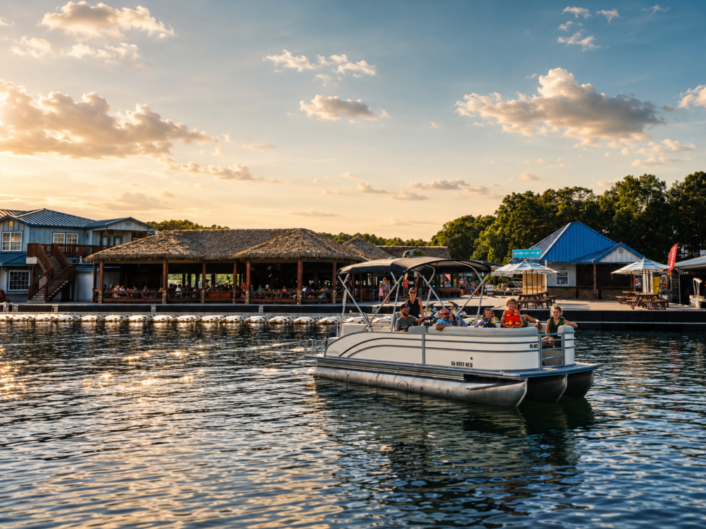 A rental boat docked in front of a lakeside restaurant at sunset