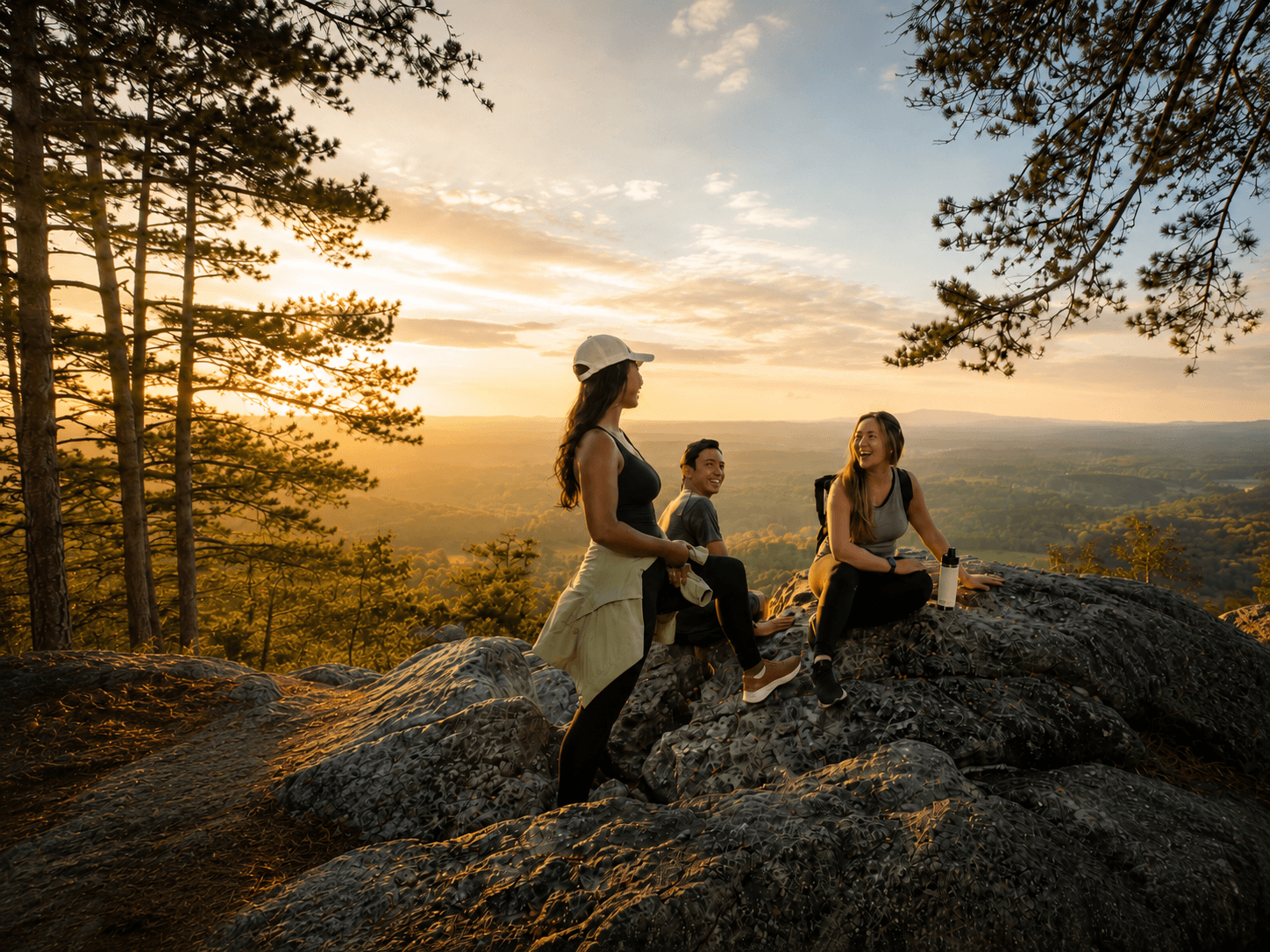 Friends on a rock overlooking Sawnee Mountain at sunset
