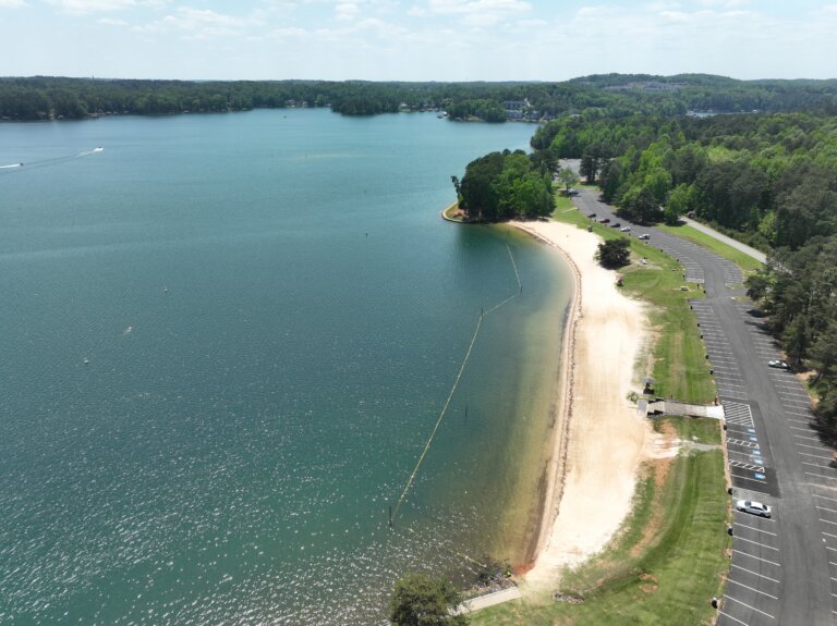 Aerial view of a Lake Lanier shoreline and swim beach
