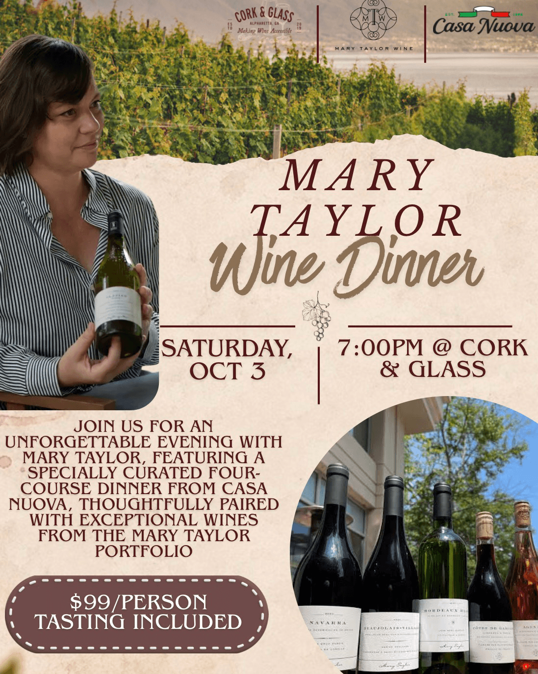Mary Taylor Wine Dinner event flyer, Cork & Glass, October 3