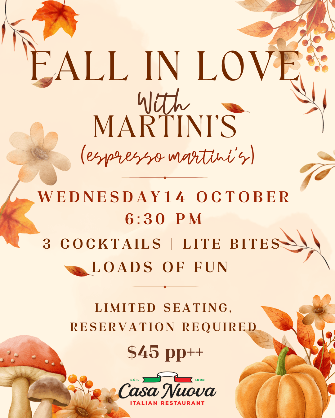 Fall in Love with Espresso Martinis event flyer, Casa Nuova, October 14
