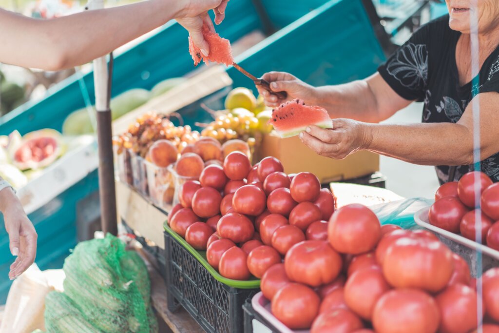 Stock photo: fresh produce at a farmers market stall. Not an image of this business.