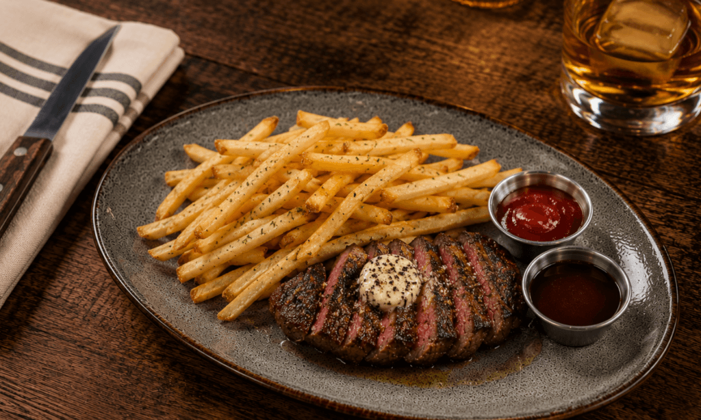 Sliced steak with garlic herb butter and hand-cut fries at YAVA Kitchen and Brewhouse in Cumming, Georgia