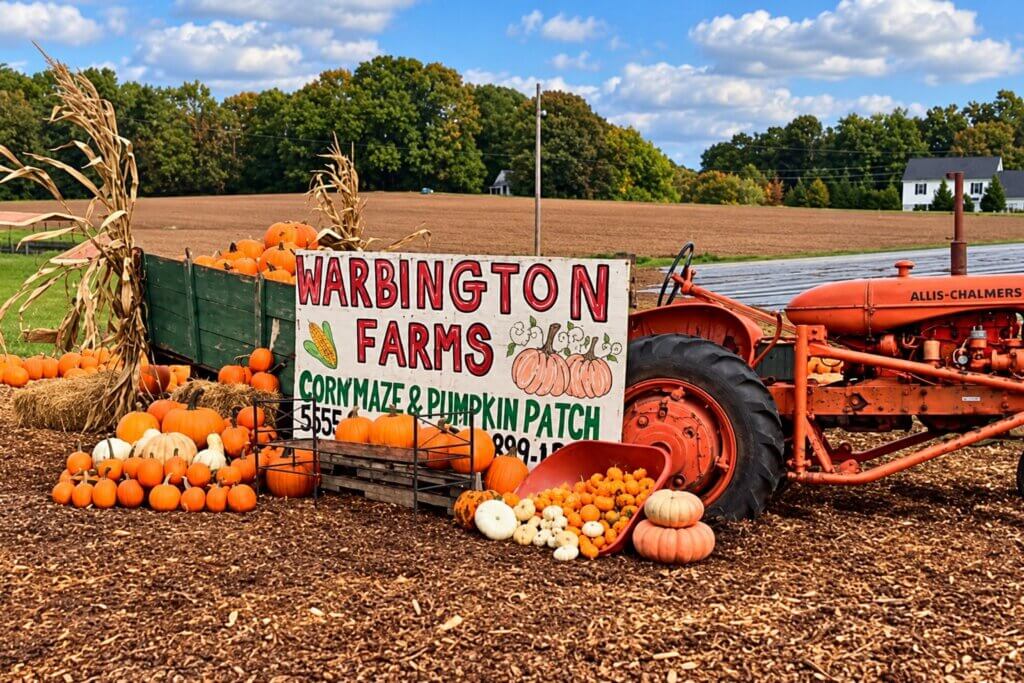 Pumpkins, corn stalks and a vintage tractor at the Warbington Farms pumpkin patch and corn maze in Cumming, Georgia