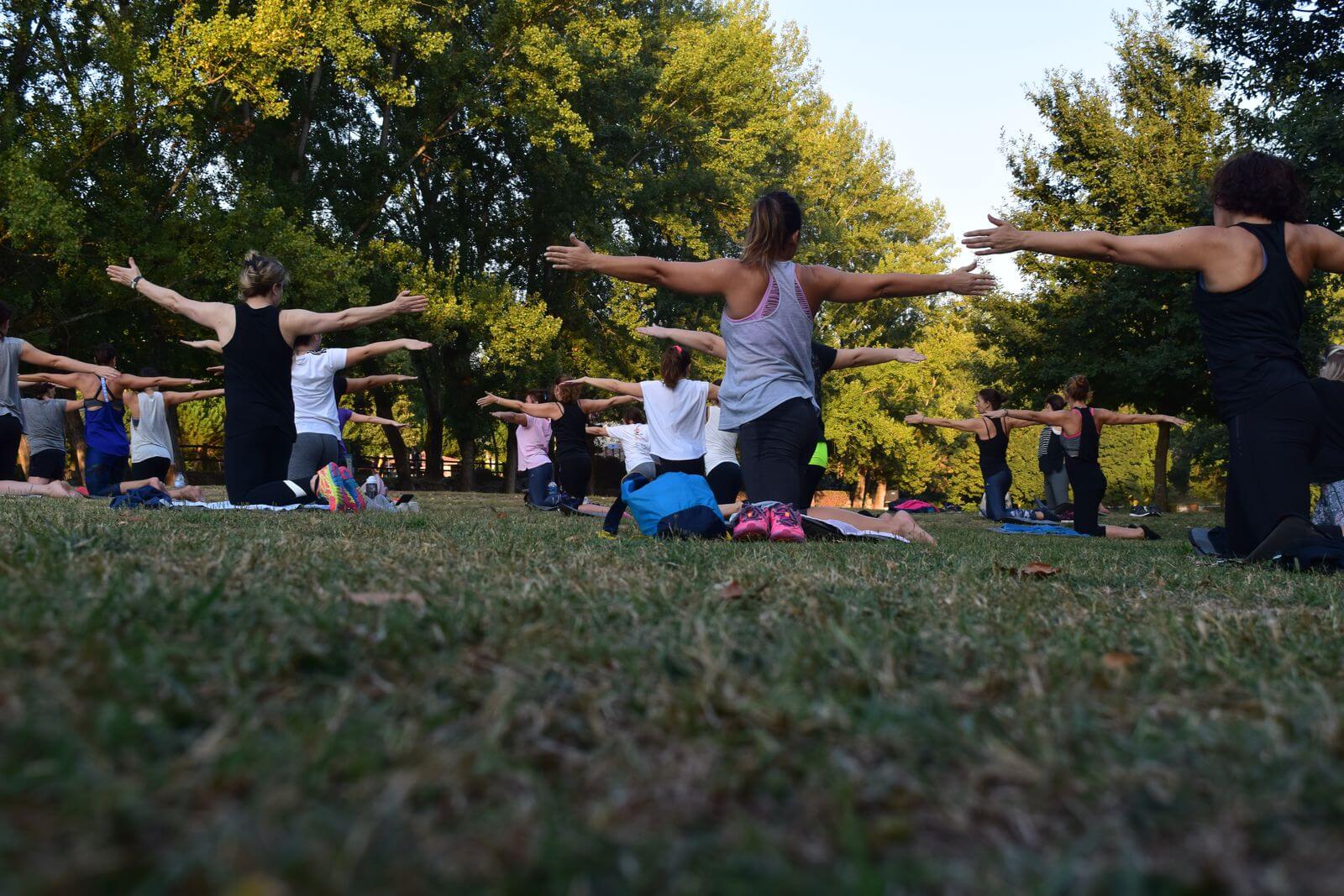 Outdoor yoga class on the lawn